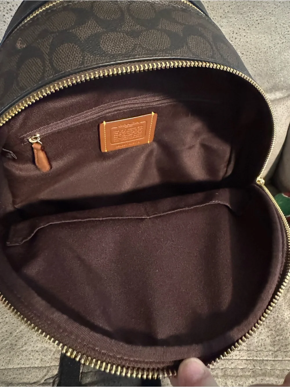 Coach Brown Signature Canvas Mini Backpack with Black Leather Trim